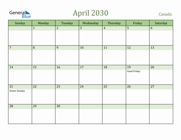 April 2030 Calendar with Canada Holidays