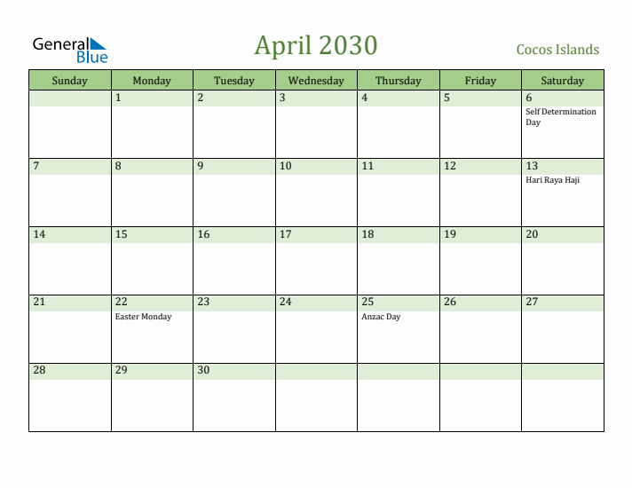 April 2030 Calendar with Cocos Islands Holidays