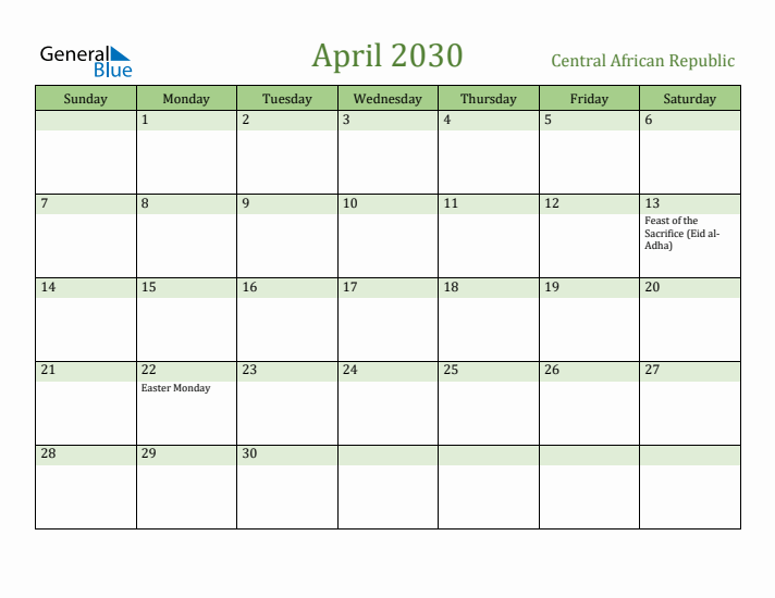 April 2030 Calendar with Central African Republic Holidays