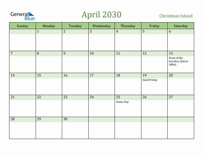 April 2030 Calendar with Christmas Island Holidays