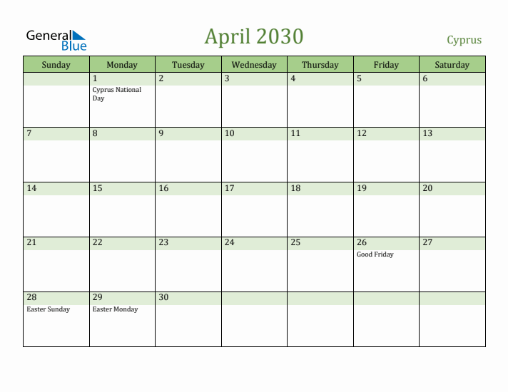 April 2030 Calendar with Cyprus Holidays