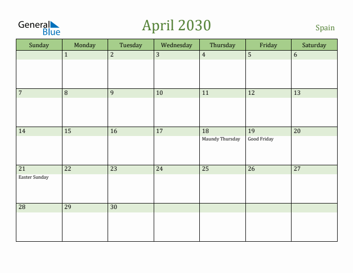 April 2030 Calendar with Spain Holidays