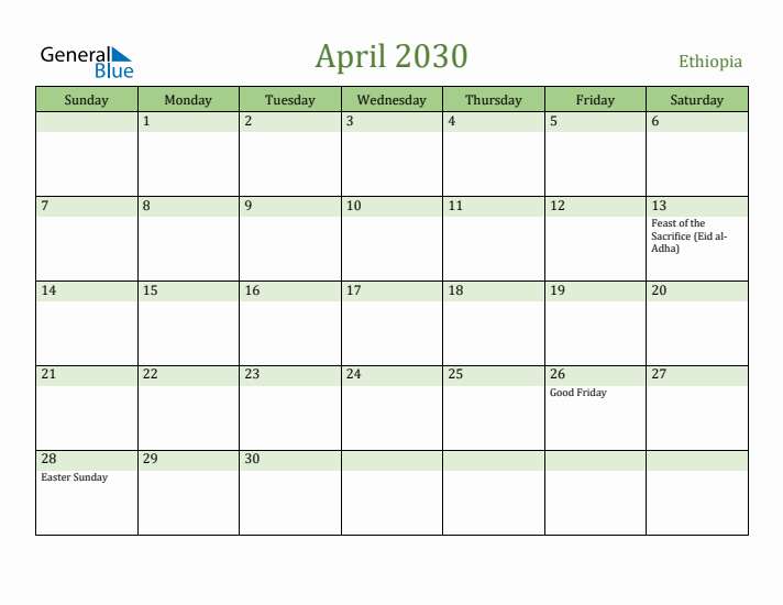 April 2030 Calendar with Ethiopia Holidays