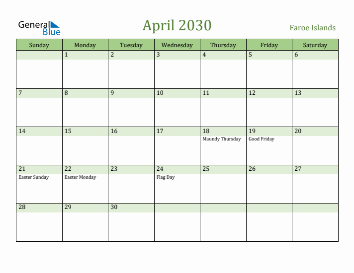 April 2030 Calendar with Faroe Islands Holidays