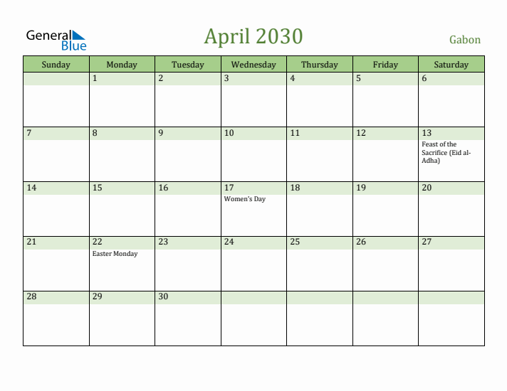 April 2030 Calendar with Gabon Holidays