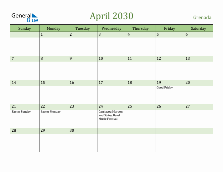 April 2030 Calendar with Grenada Holidays