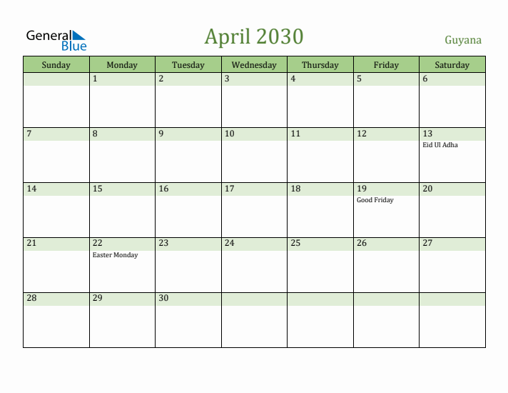 April 2030 Calendar with Guyana Holidays