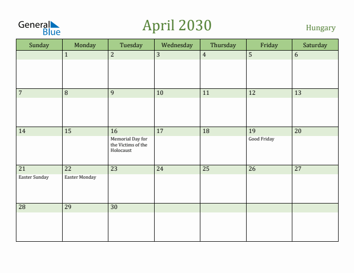 April 2030 Calendar with Hungary Holidays