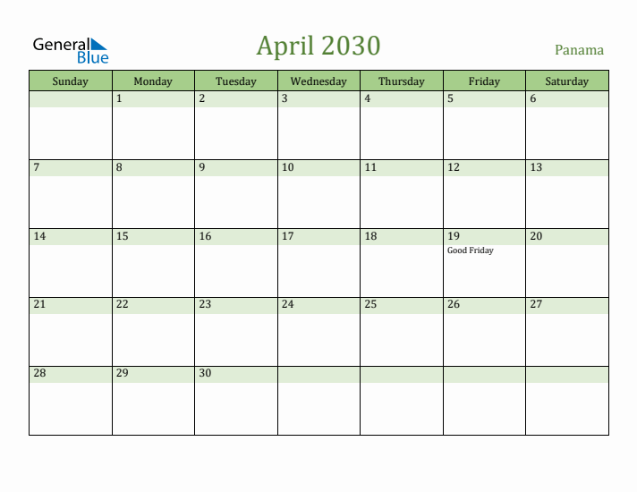 April 2030 Calendar with Panama Holidays