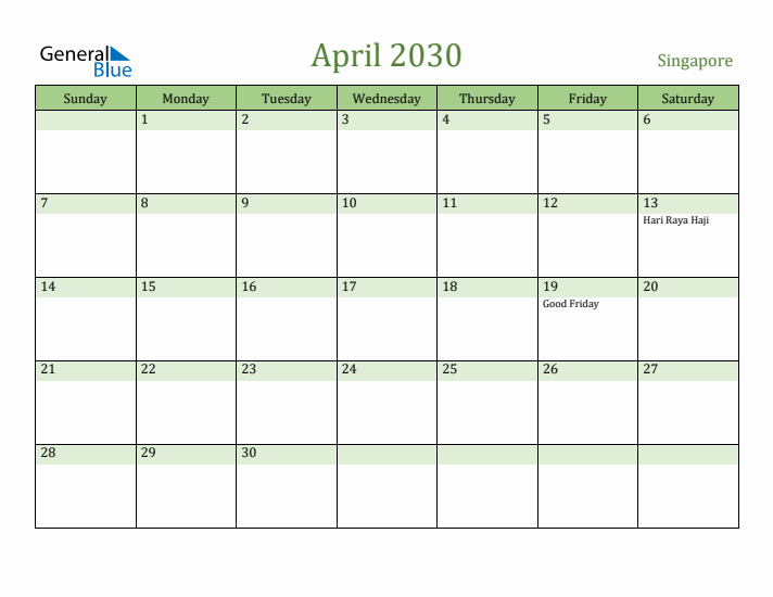 April 2030 Calendar with Singapore Holidays