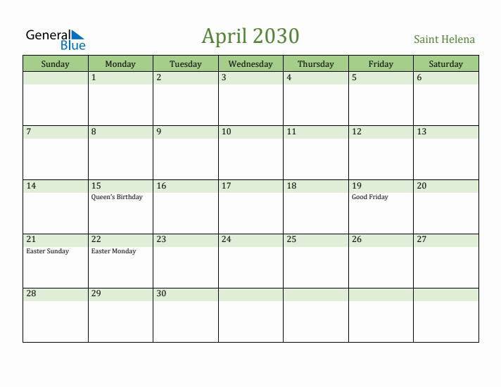 April 2030 Calendar with Saint Helena Holidays