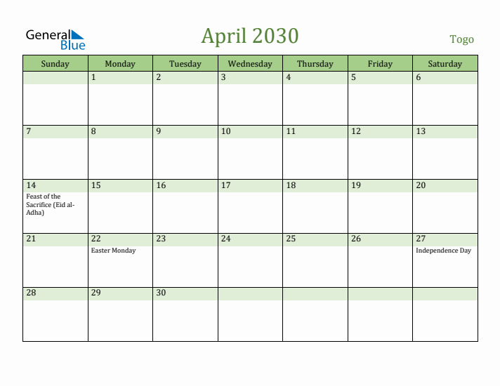 April 2030 Calendar with Togo Holidays