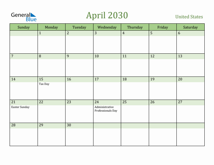 April 2030 Calendar with United States Holidays