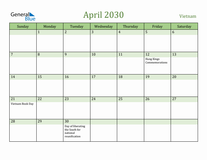 April 2030 Calendar with Vietnam Holidays