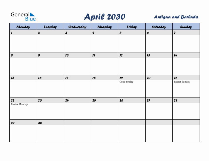 April 2030 Calendar with Holidays in Antigua and Barbuda