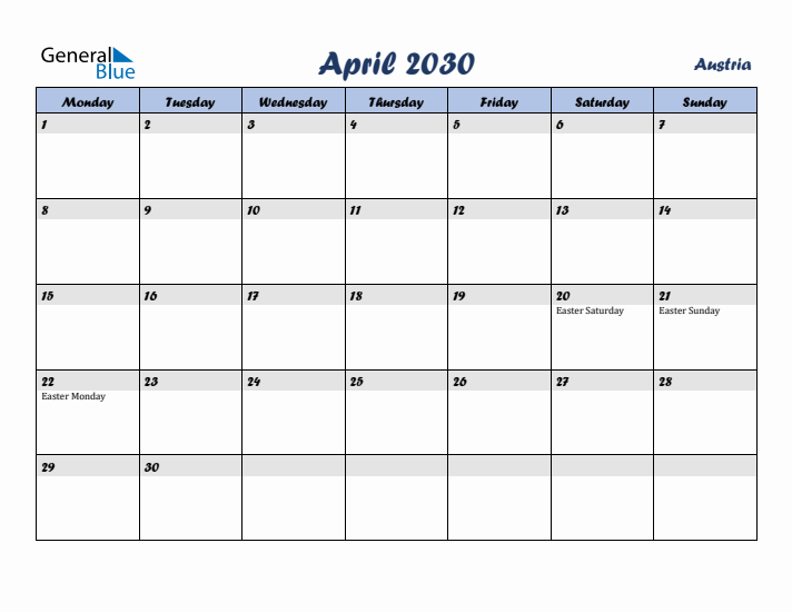 April 2030 Calendar with Holidays in Austria