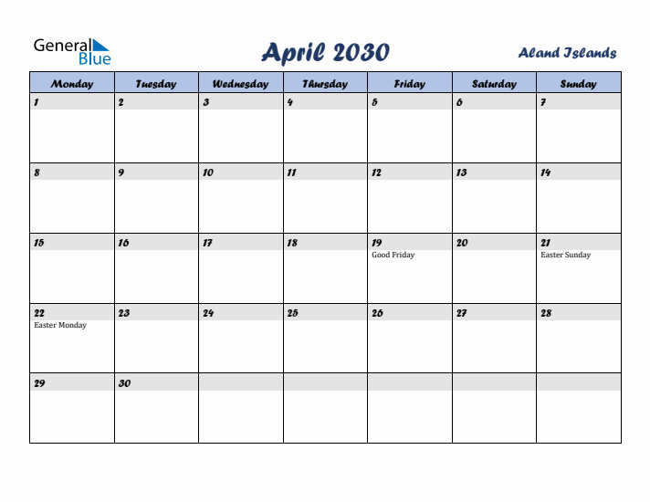 April 2030 Calendar with Holidays in Aland Islands