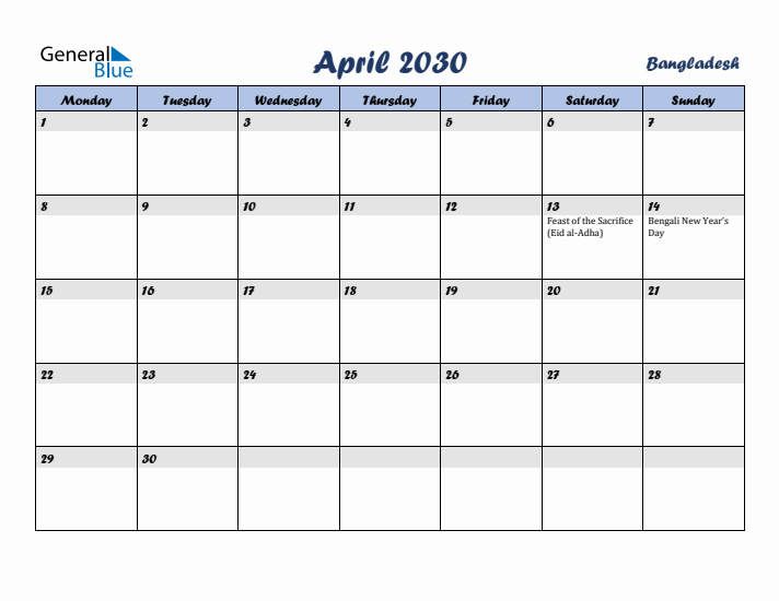 April 2030 Calendar with Holidays in Bangladesh