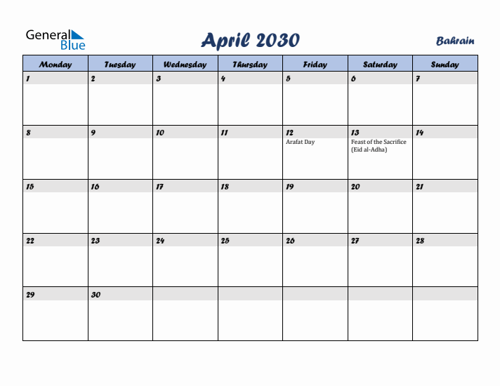 April 2030 Calendar with Holidays in Bahrain