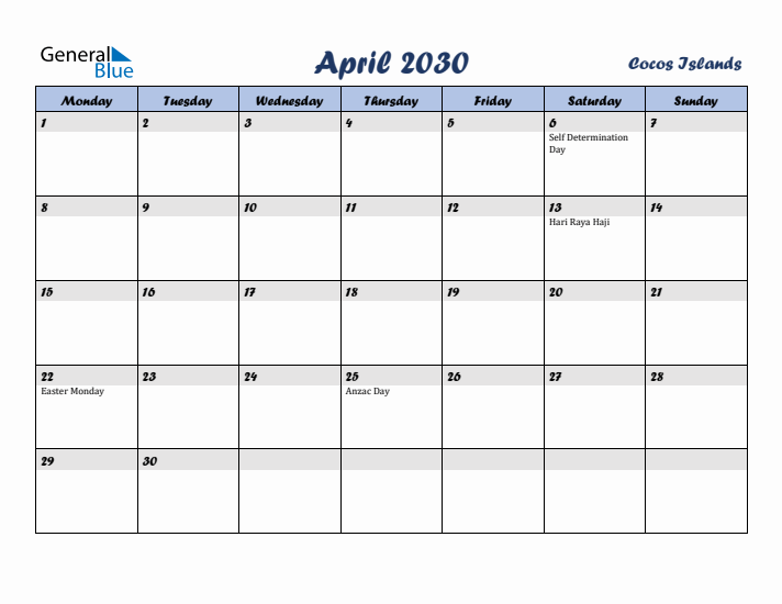 April 2030 Calendar with Holidays in Cocos Islands