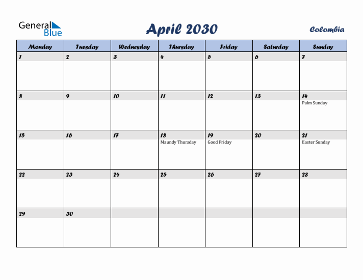 April 2030 Calendar with Holidays in Colombia