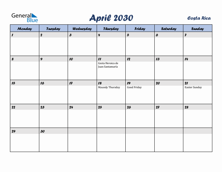 April 2030 Calendar with Holidays in Costa Rica