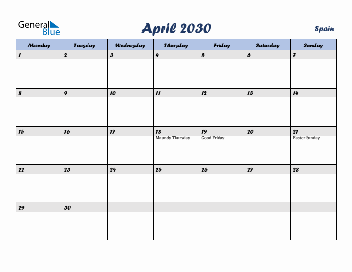 April 2030 Calendar with Holidays in Spain