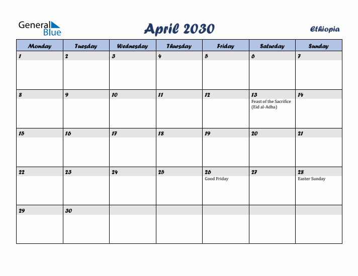 April 2030 Calendar with Holidays in Ethiopia