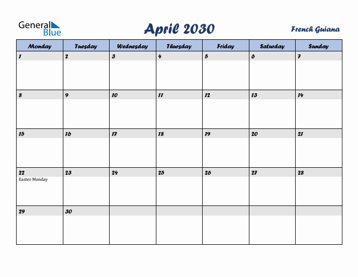 April 2030 Calendar with Holidays in French Guiana