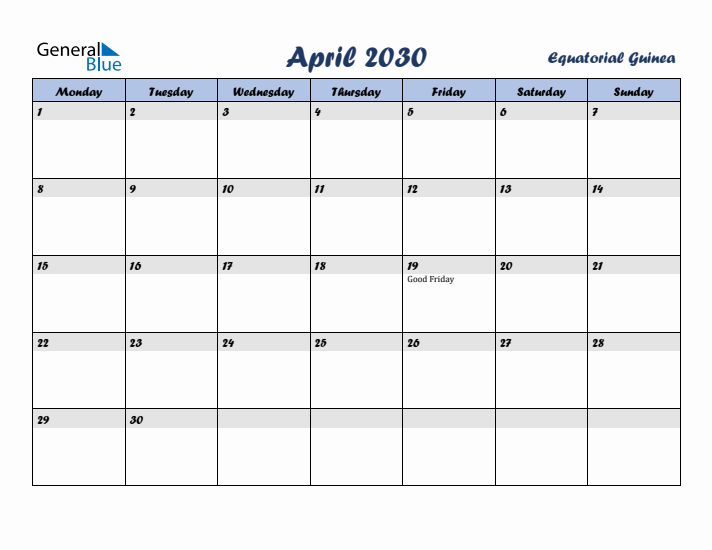 April 2030 Calendar with Holidays in Equatorial Guinea