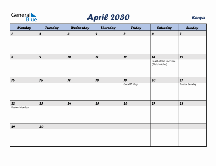 April 2030 Calendar with Holidays in Kenya