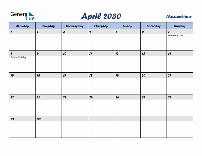 April 2030 Calendar with Holidays in Mozambique