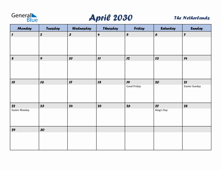 April 2030 Calendar with Holidays in The Netherlands