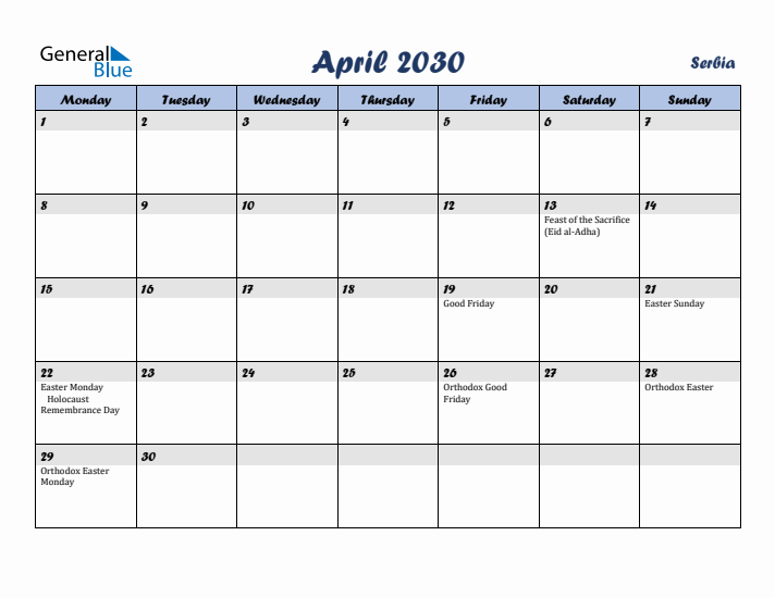 April 2030 Calendar with Holidays in Serbia