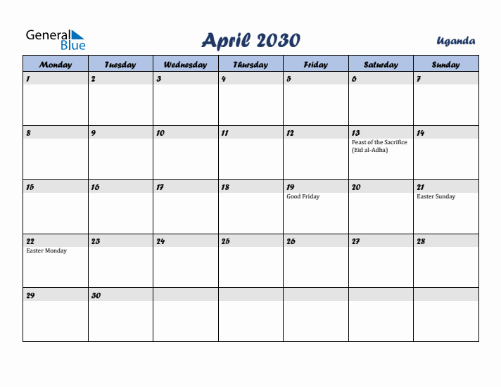 April 2030 Calendar with Holidays in Uganda