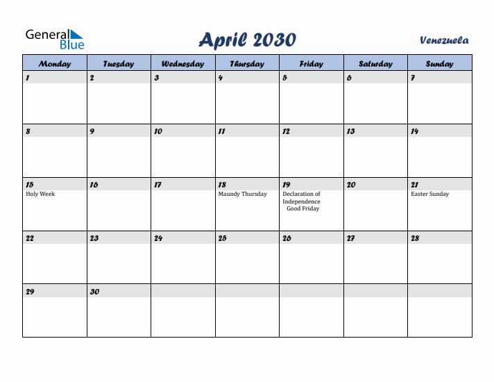 April 2030 Calendar with Holidays in Venezuela