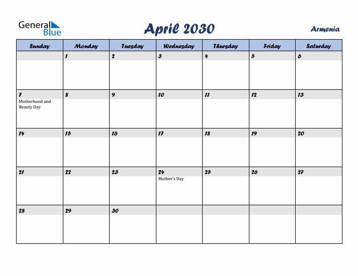 April 2030 Calendar with Holidays in Armenia