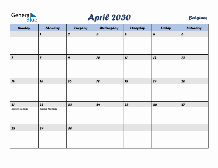 April 2030 Calendar with Holidays in Belgium