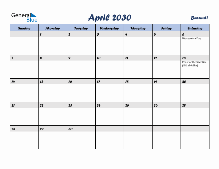 April 2030 Calendar with Holidays in Burundi