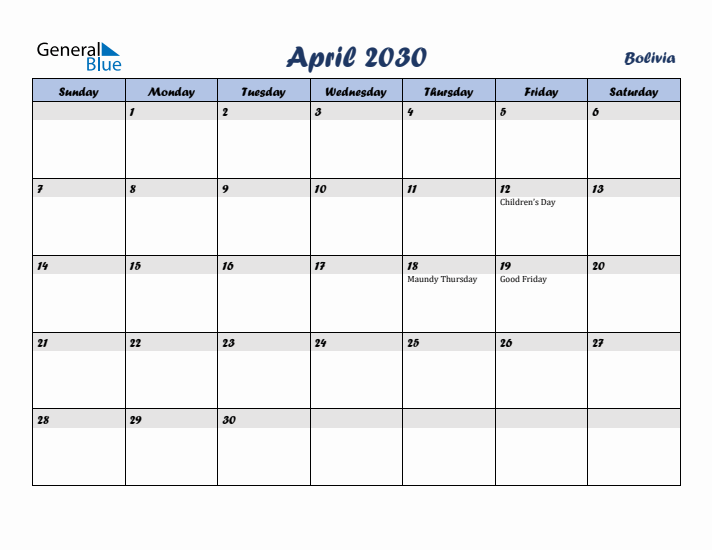 April 2030 Calendar with Holidays in Bolivia