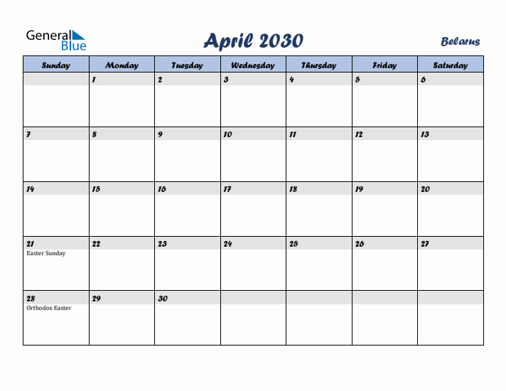 April 2030 Calendar with Holidays in Belarus