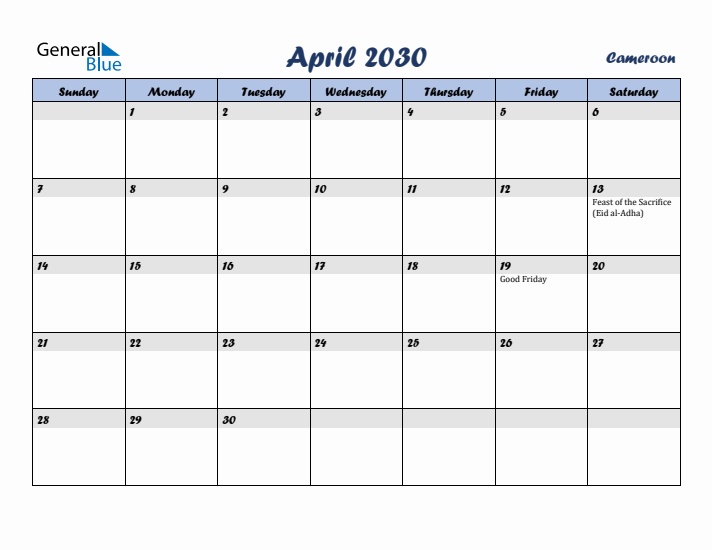 April 2030 Calendar with Holidays in Cameroon