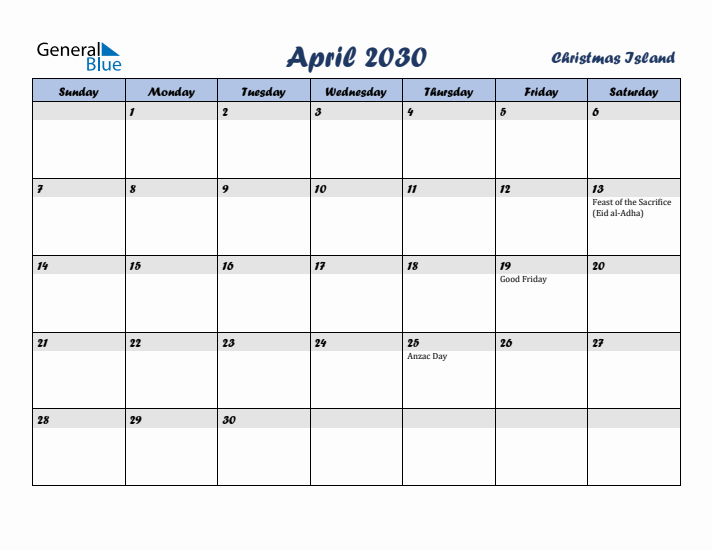 April 2030 Calendar with Holidays in Christmas Island