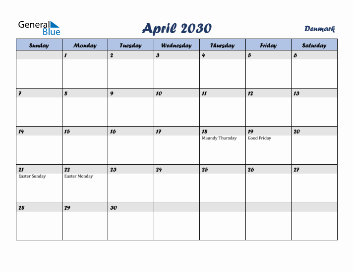 April 2030 Calendar with Holidays in Denmark