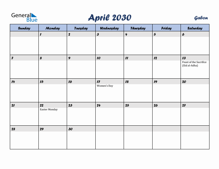 April 2030 Calendar with Holidays in Gabon