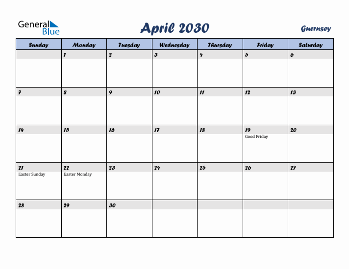 April 2030 Calendar with Holidays in Guernsey