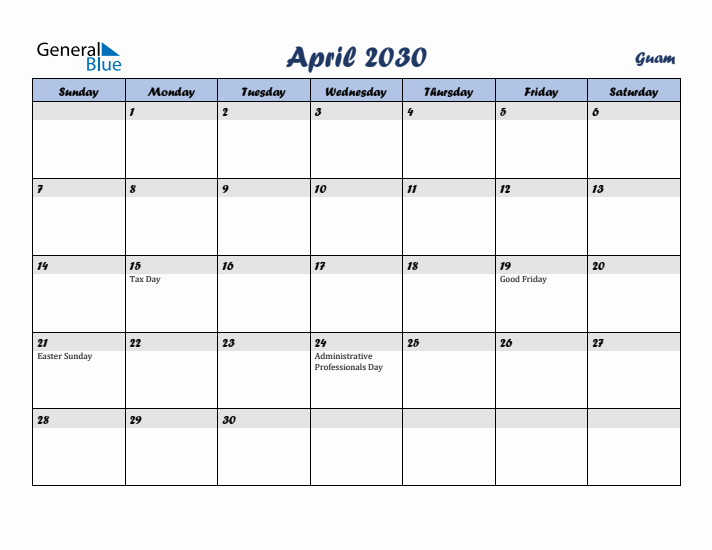 April 2030 Calendar with Holidays in Guam