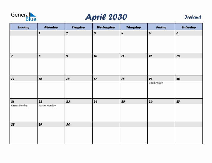 April 2030 Calendar with Holidays in Ireland