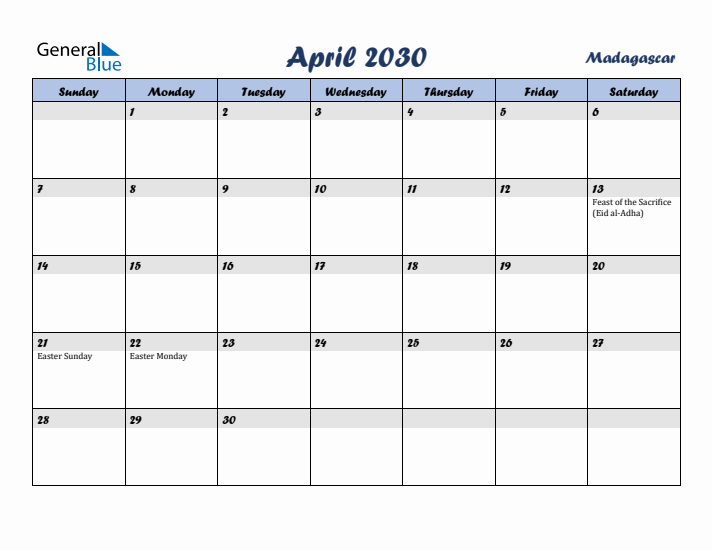 April 2030 Calendar with Holidays in Madagascar