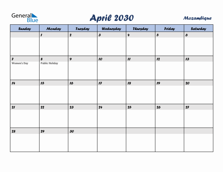 April 2030 Calendar with Holidays in Mozambique